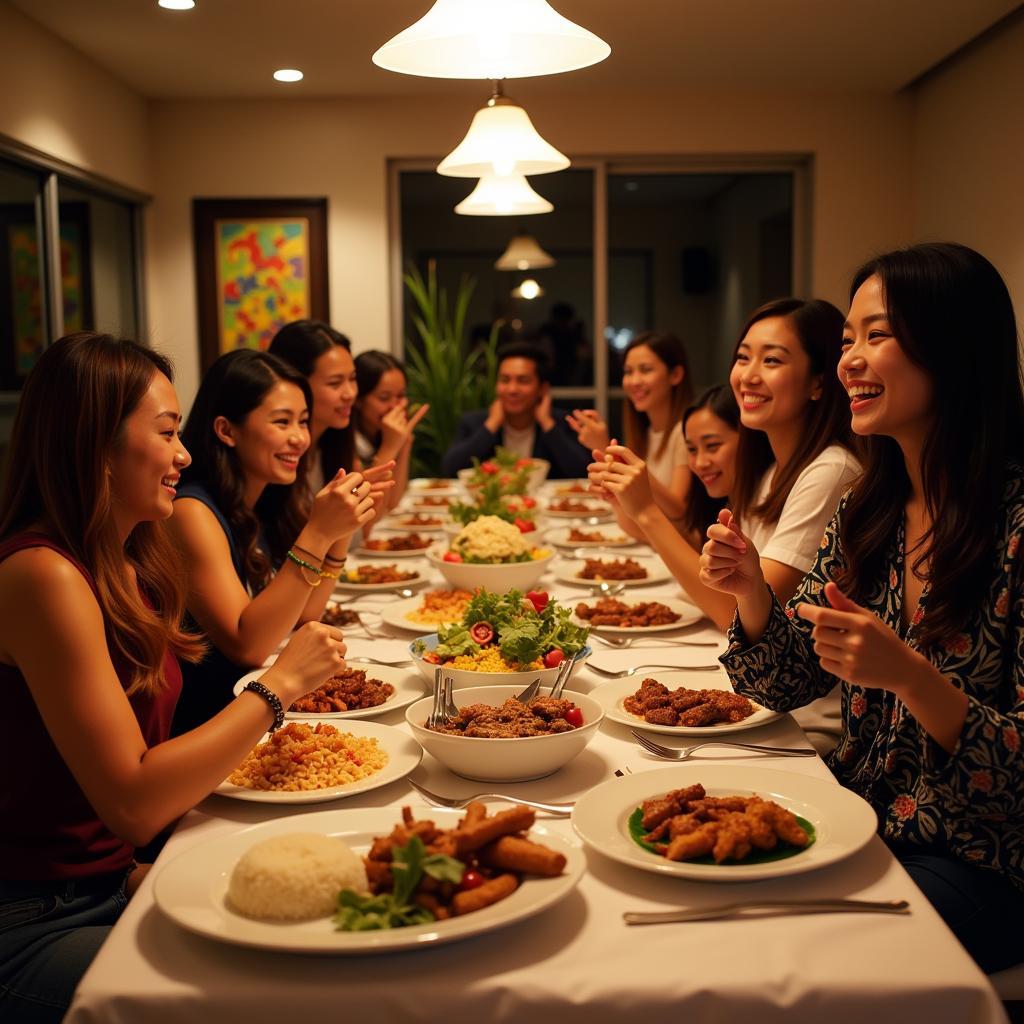 Guests enjoying a Filipino food catering meal together.