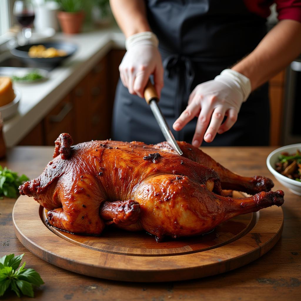 A whole roasted lechon being expertly carved at a Filipino catering event.