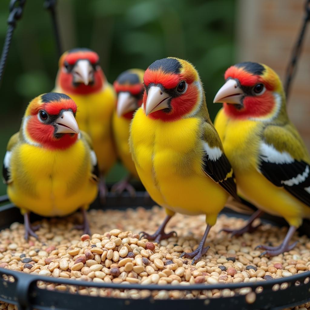  Colorful finches enjoying a meal of millet from a bird feeder.