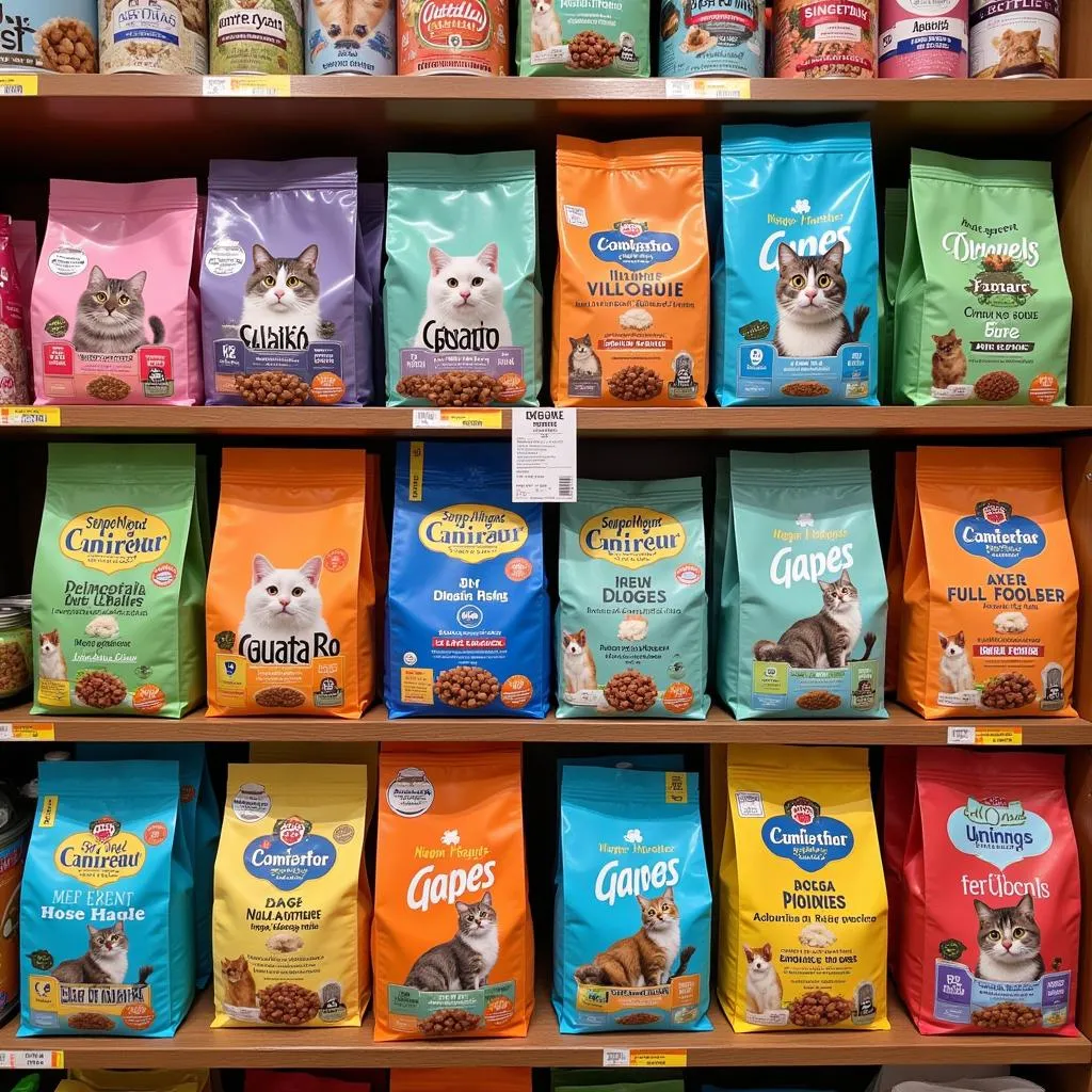 Cat food samples displayed in a pet store