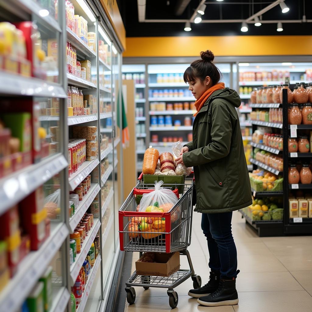 A person browsing a grocery store aisle with a shopping cart, looking for deals