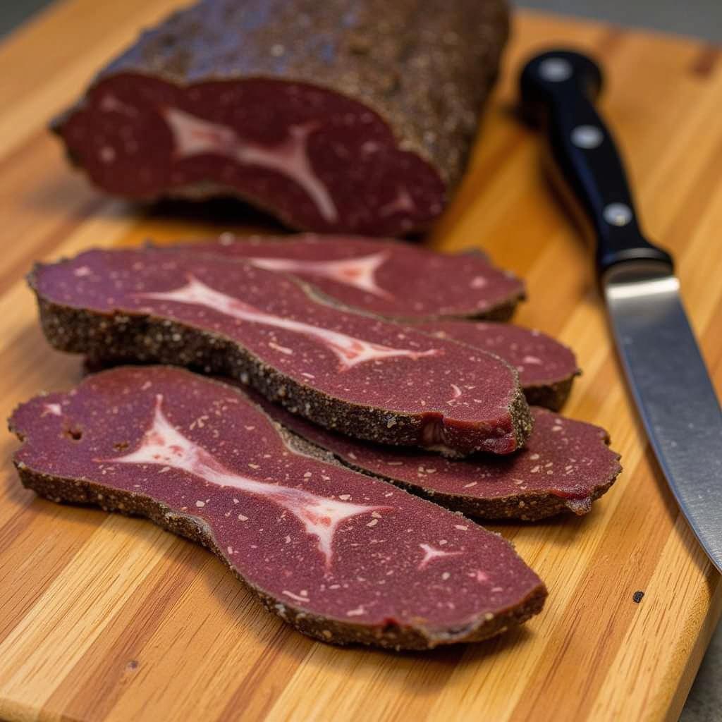  Slices of biltong arranged on a cutting board 