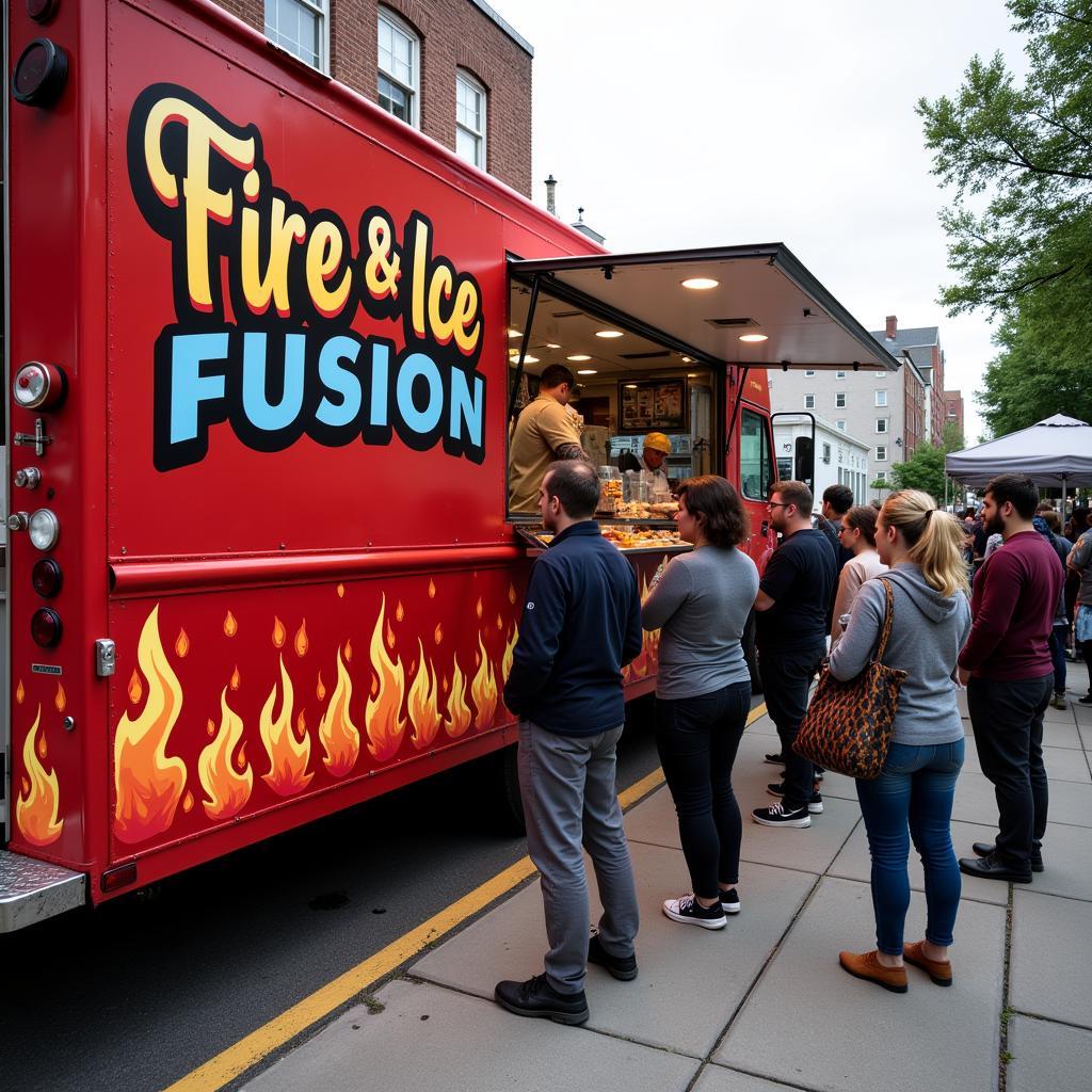 Food truck exterior with fire and ice theme.