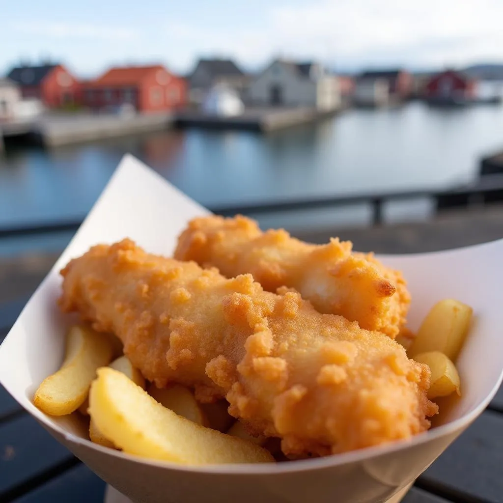 A plate of fish and chips enjoyed with a scenic view of the Reykjavik harbor