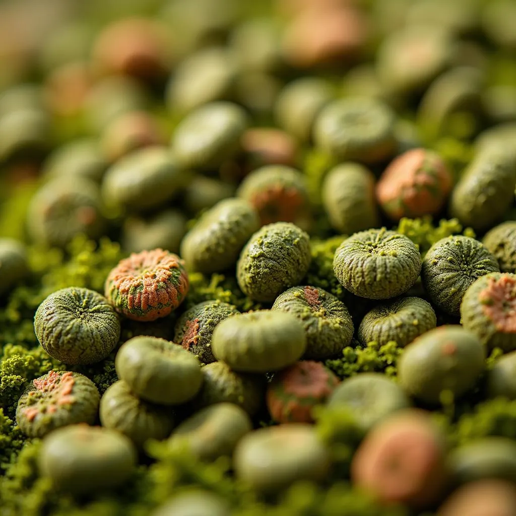 Close-up view of fish food pellets with visible ingredients