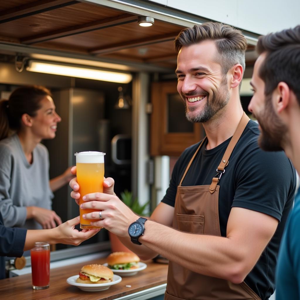 Fizzy food truck owner smiles at customer