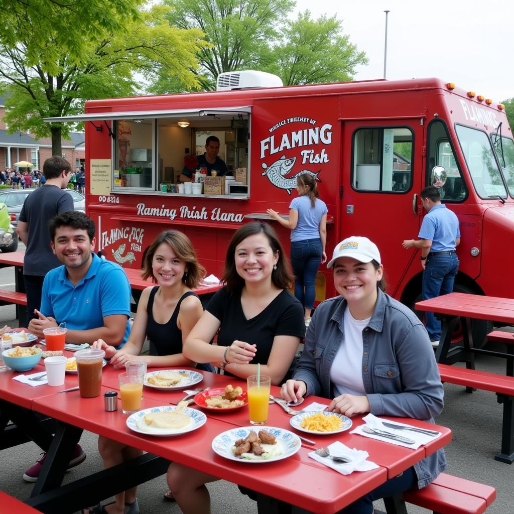 Customers Enjoying Food at Flaming Fish Food Truck