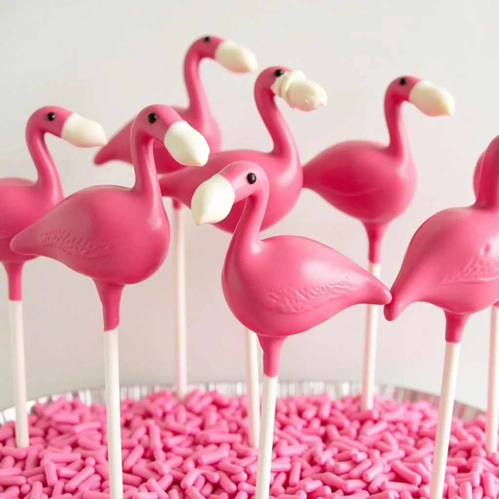 Pink cake pops decorated as flamingos