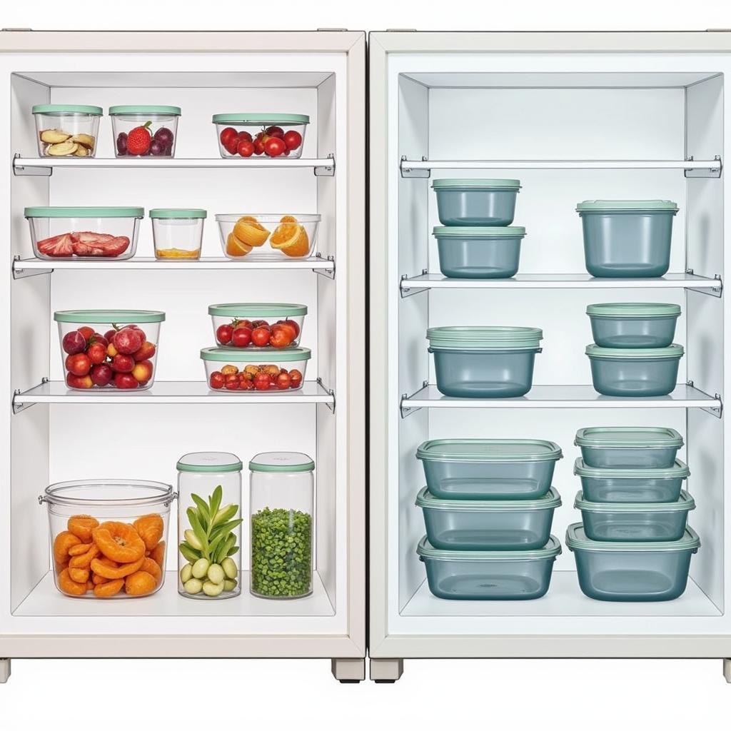 Flat food containers organize a refrigerator fridge