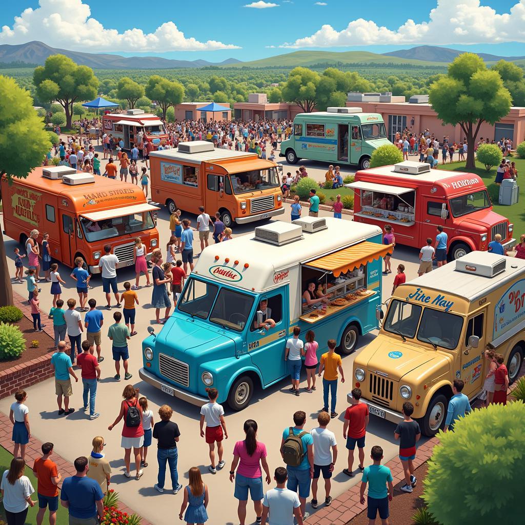 A vibrant food truck scene with a variety of trucks and eager customers.