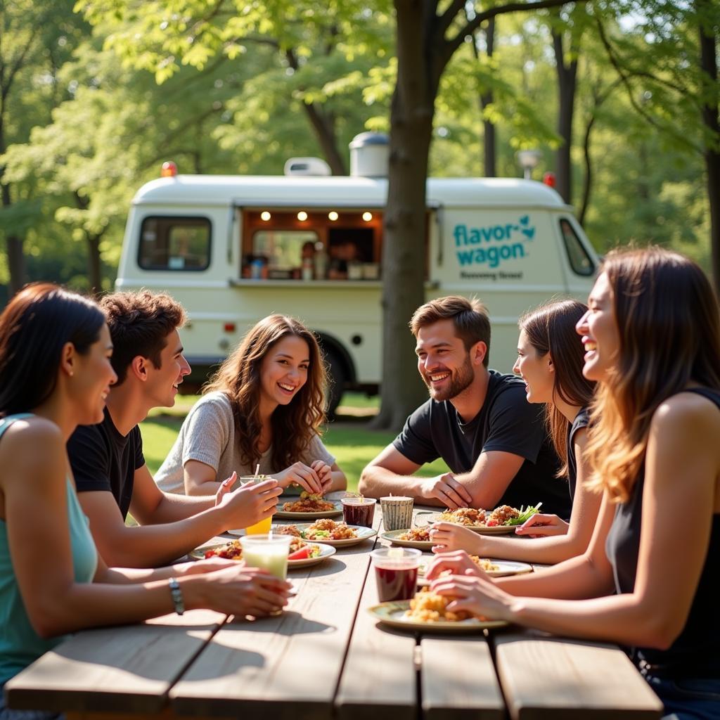 Happy customers enjoying their meals from the Flavor Wagon food truck in a park setting.