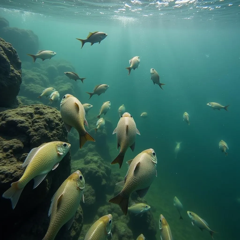 Bluegill feeding on floating fish food