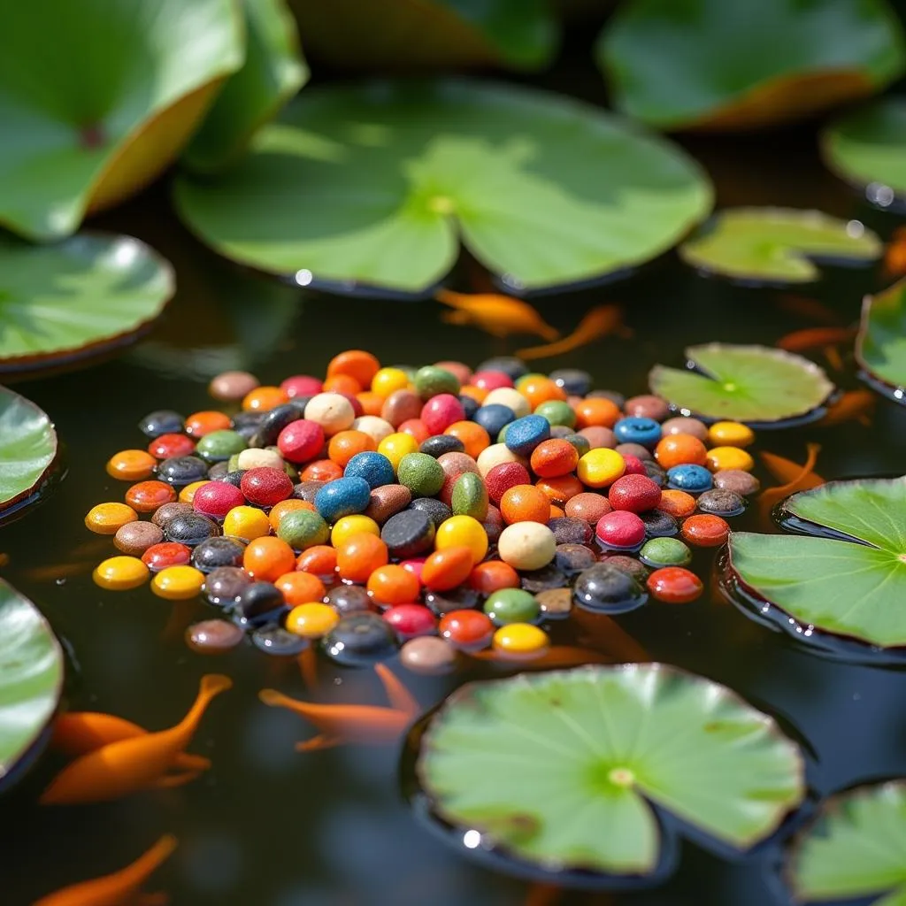 Fish Food Floating on a Pond's Surface