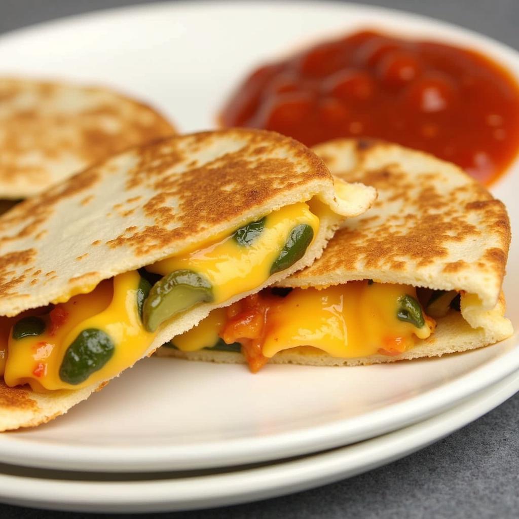 A plate of freshly made Flor de Izote quesadillas with a side of salsa.