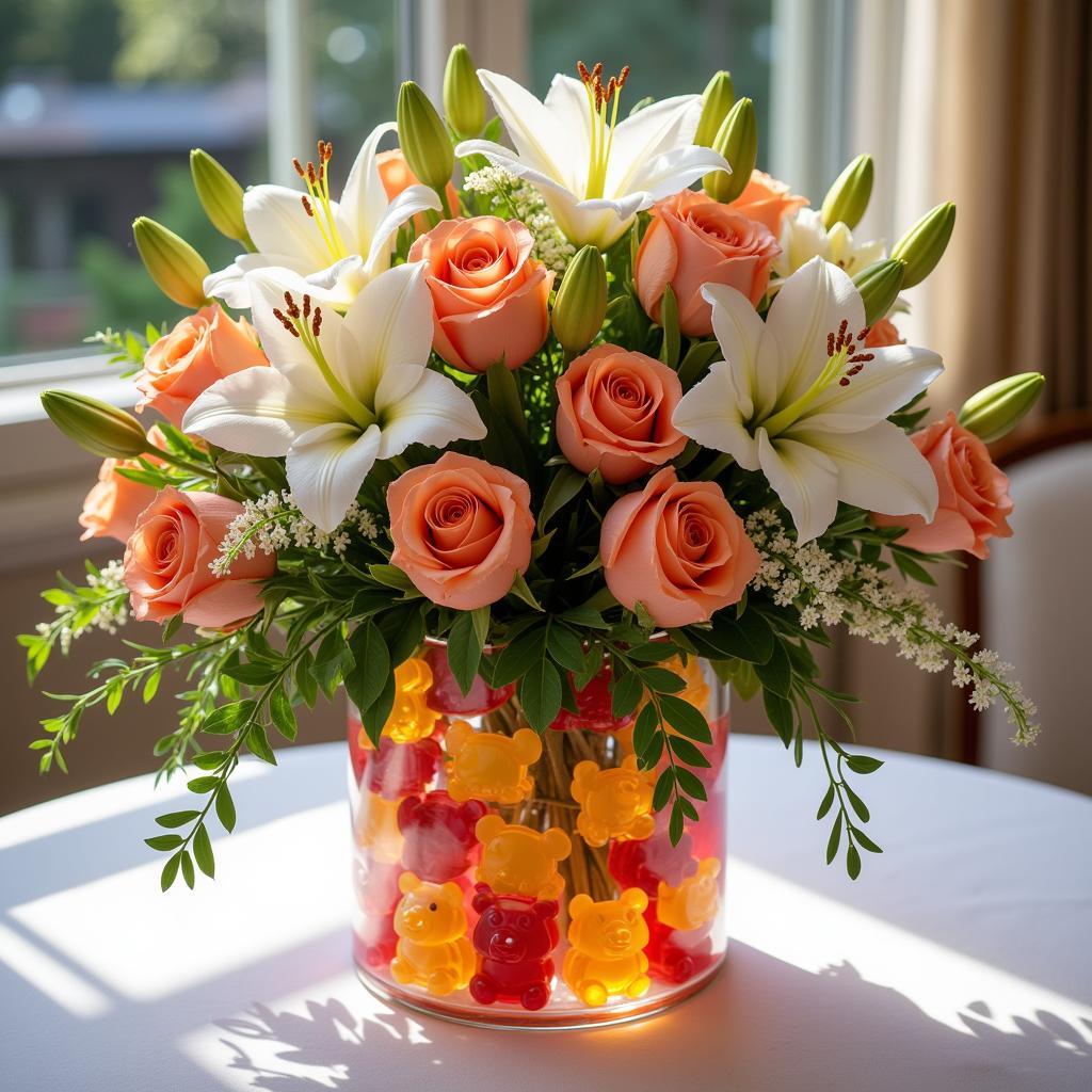 Floral arrangements featuring flower food bears