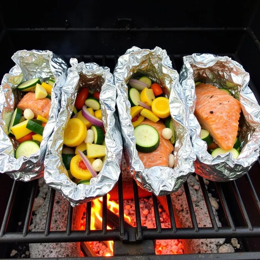 Foil packet salmon with roasted vegetables on a grill