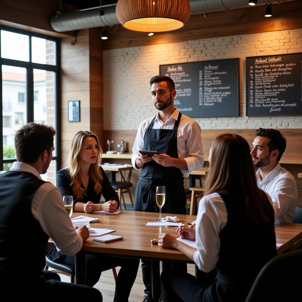 A food and beverage supervisor leads a team meeting, discussing service standards and upcoming events.