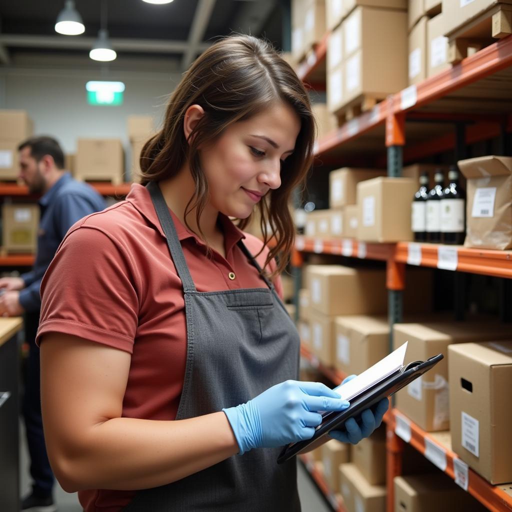 A food and beverage supervisor meticulously checks inventory levels in the restaurant's storage area, ensuring adequate supplies for upcoming service.