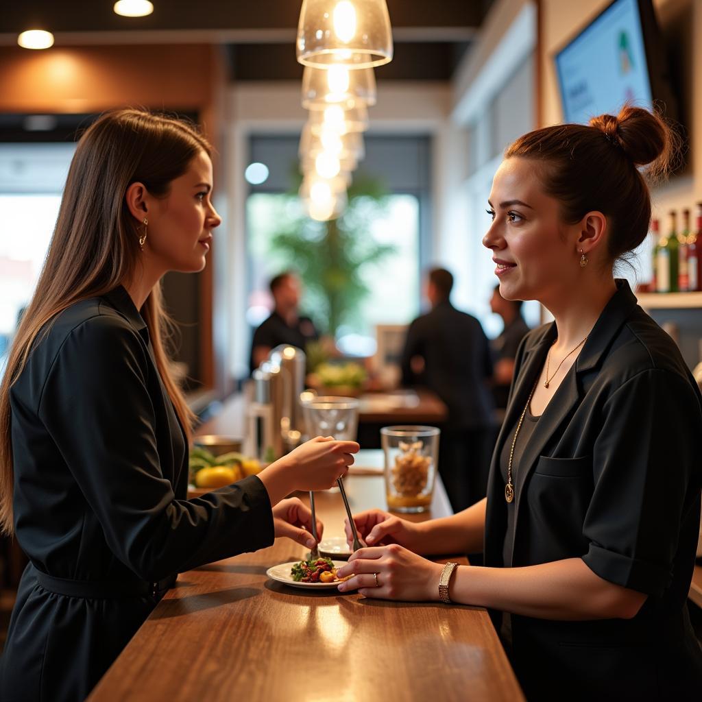 A food and beverage supervisor provides hands-on training to a new staff member on using the POS system.