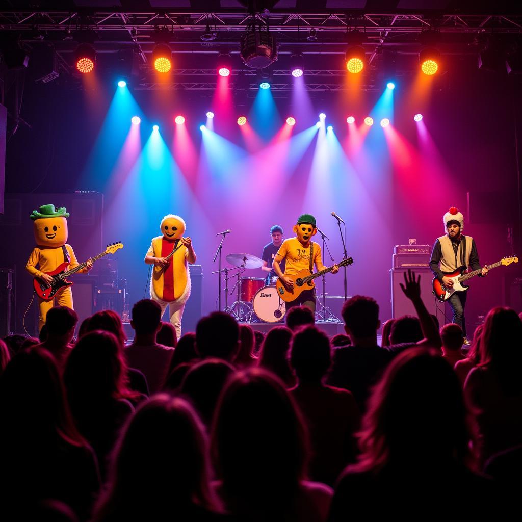 A lively food band entertaining a crowd with their instruments and energetic performance. 