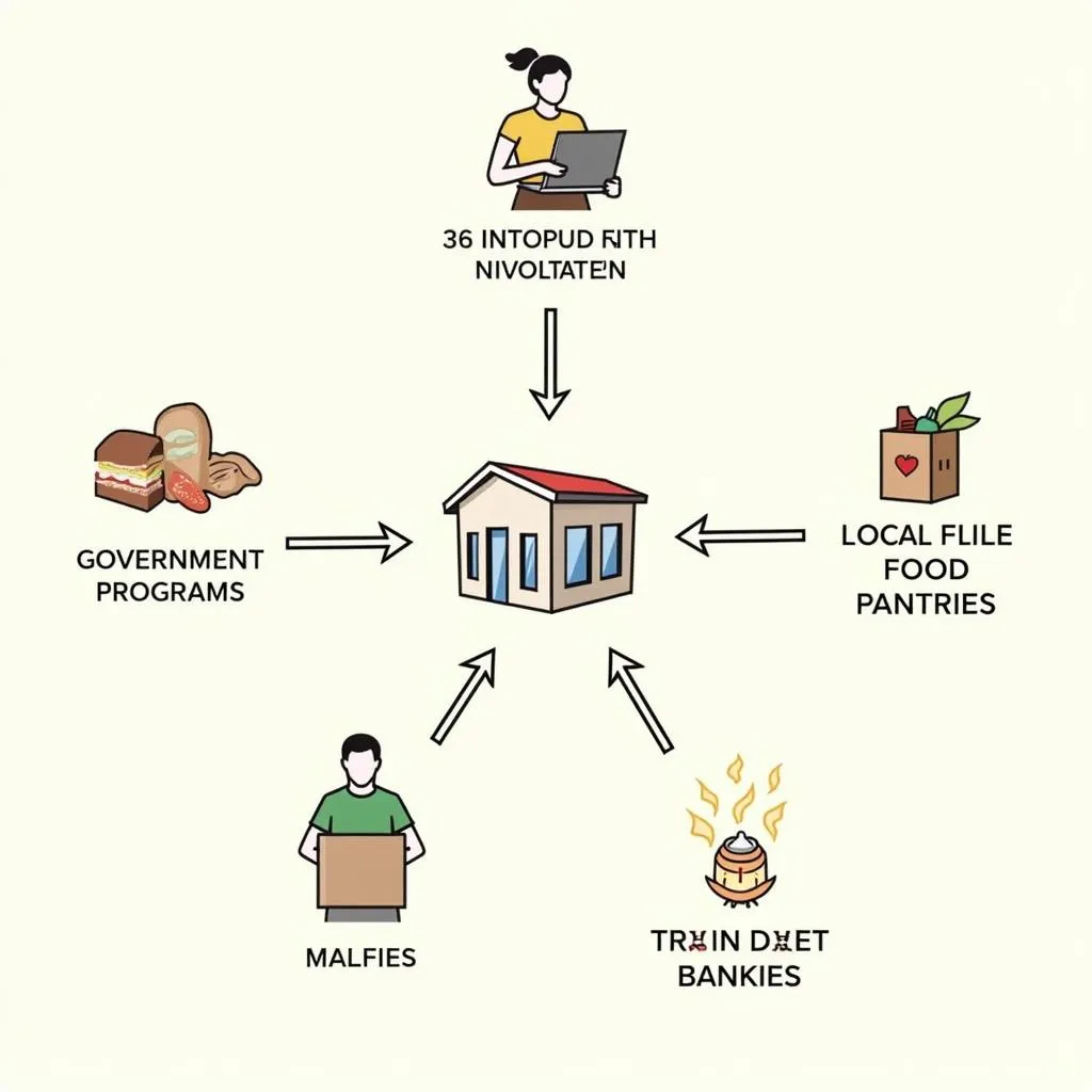 A visual representation showing the flow of food from donors to a food bank, then to a food pantry, and finally to individuals and families