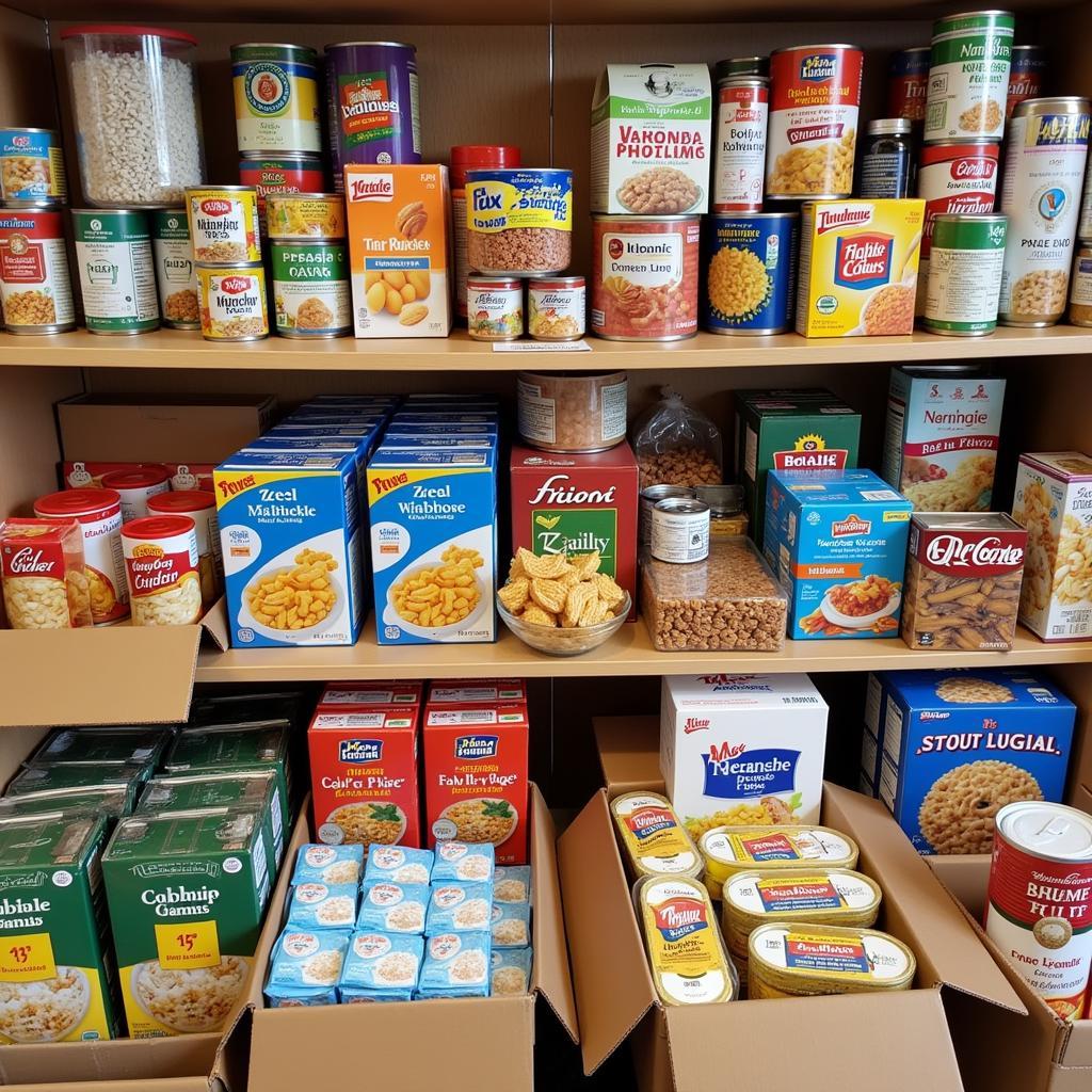 Various non-perishable food items ready for distribution at a food bank in Monroe, NC.