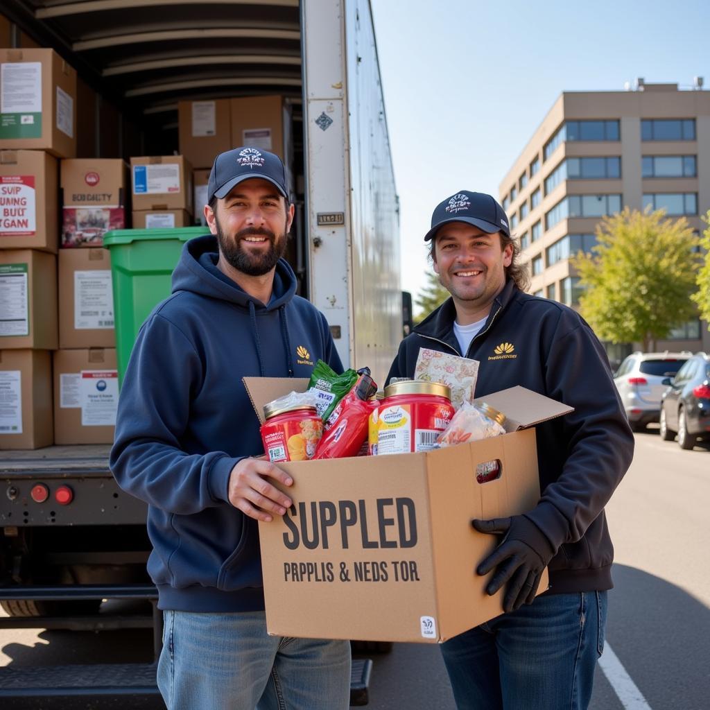 Food bank delivery driver unloading boxes of essential supplies 