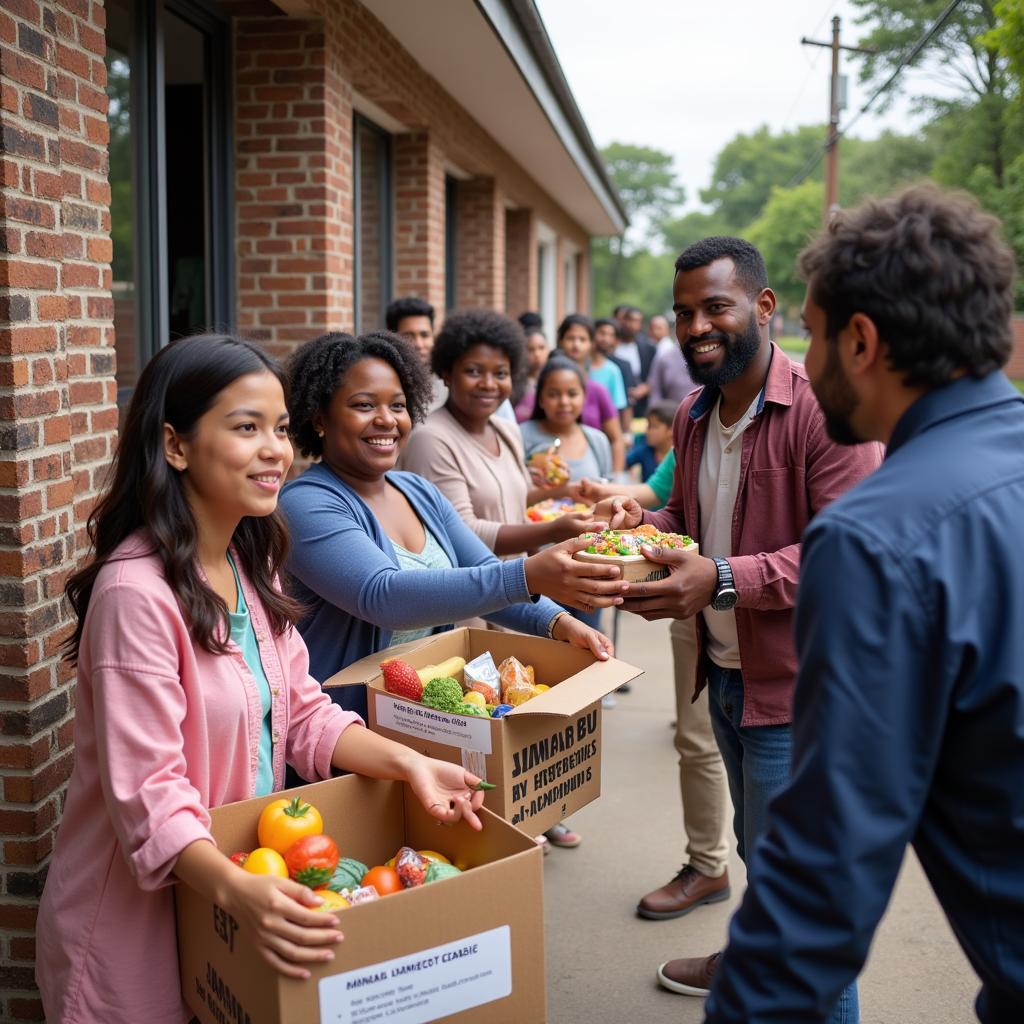 Families receiving food assistance at a food bank distribution event in Monroe, NC.