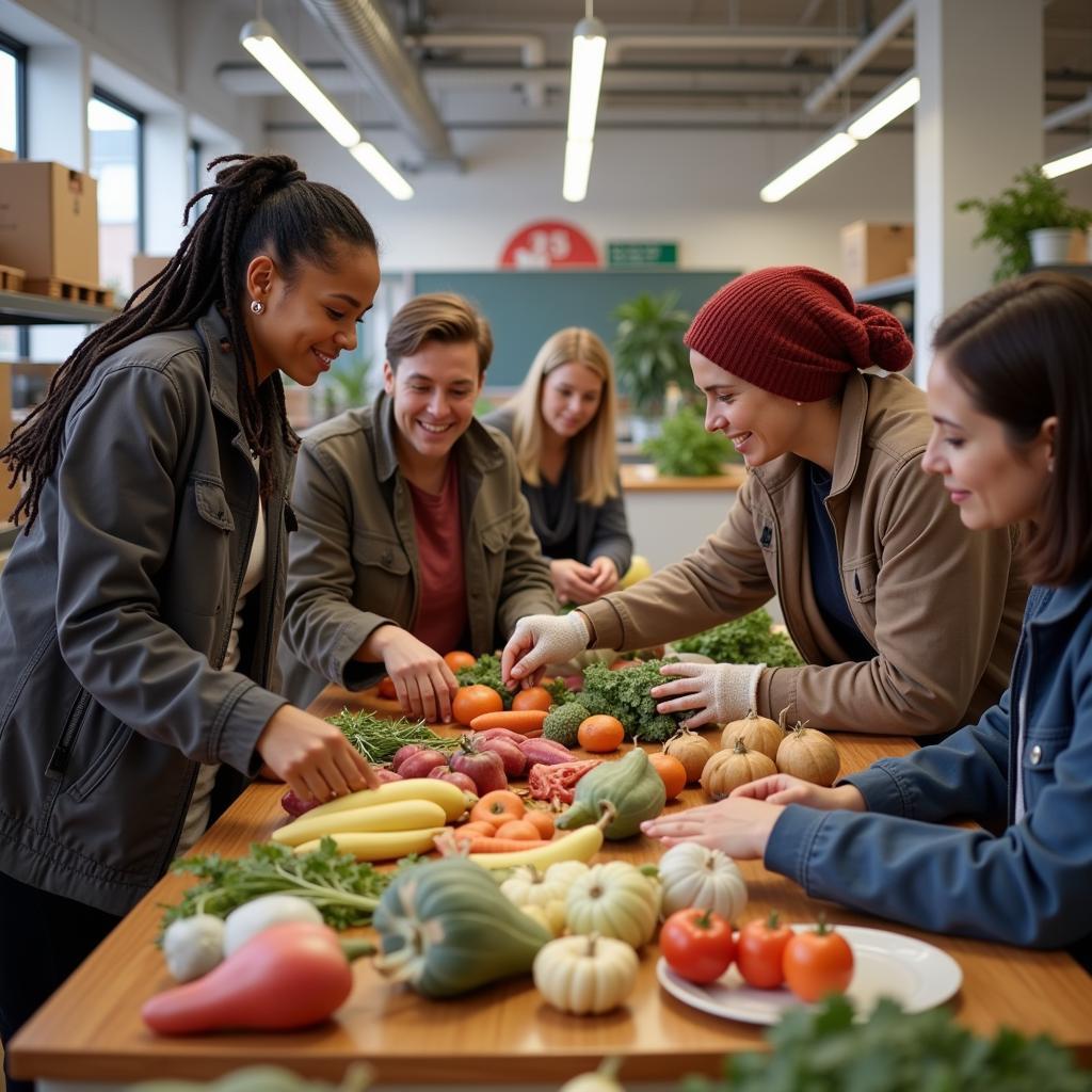 Diverse team of volunteers and staff smiling while working together at a food bank