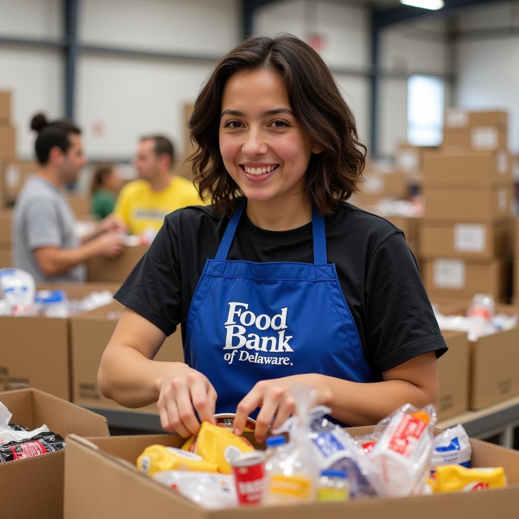 Food Bank Volunteer Sorting Food Donations