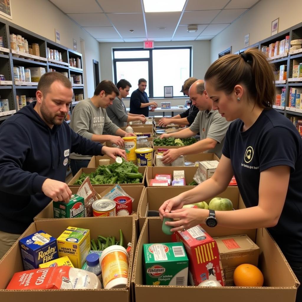 Volunteers sorting and packing food donations at a food bank in Monroe, NC.