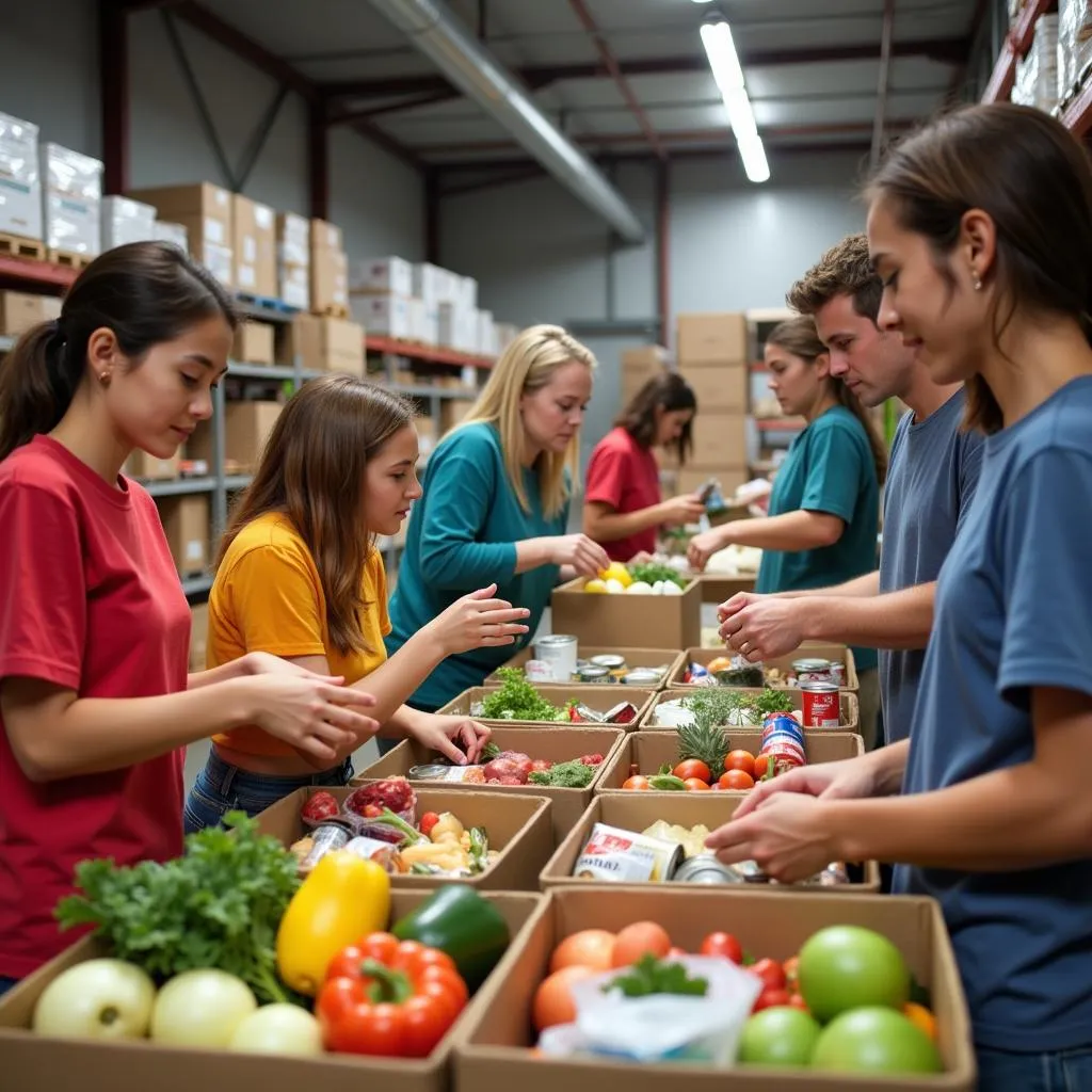 Volunteers sort food donations at a local food bank