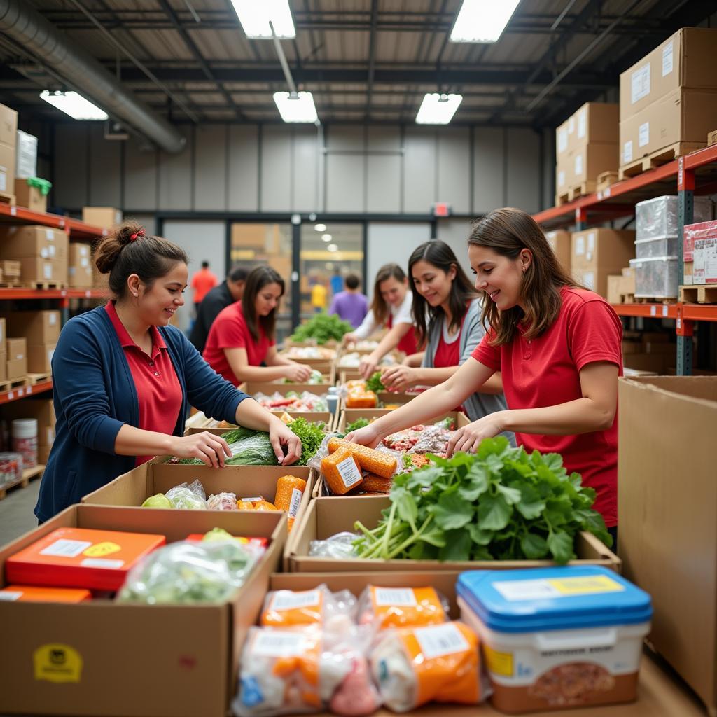 Volunteers sorting food donations at a bustling food bank