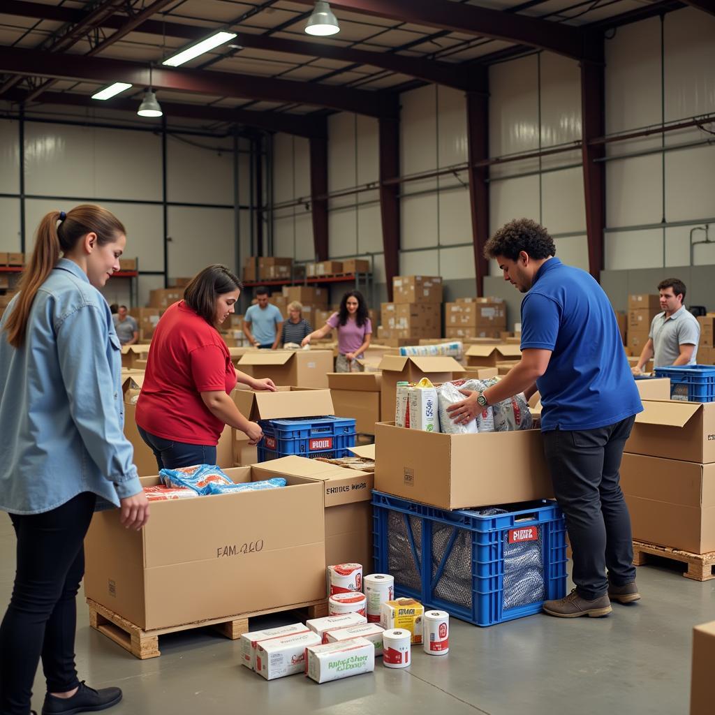 Food bank volunteers sorting through donated food items.