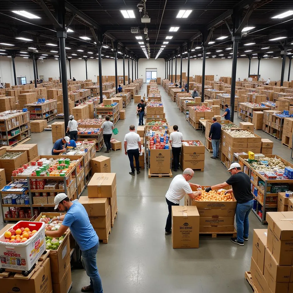 Volunteers sorting food donations in a large warehouse