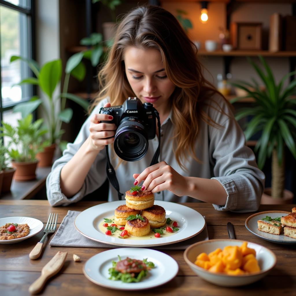 A food blogger expertly styles and photographs a delicious meal, capturing the perfect shot for their blog