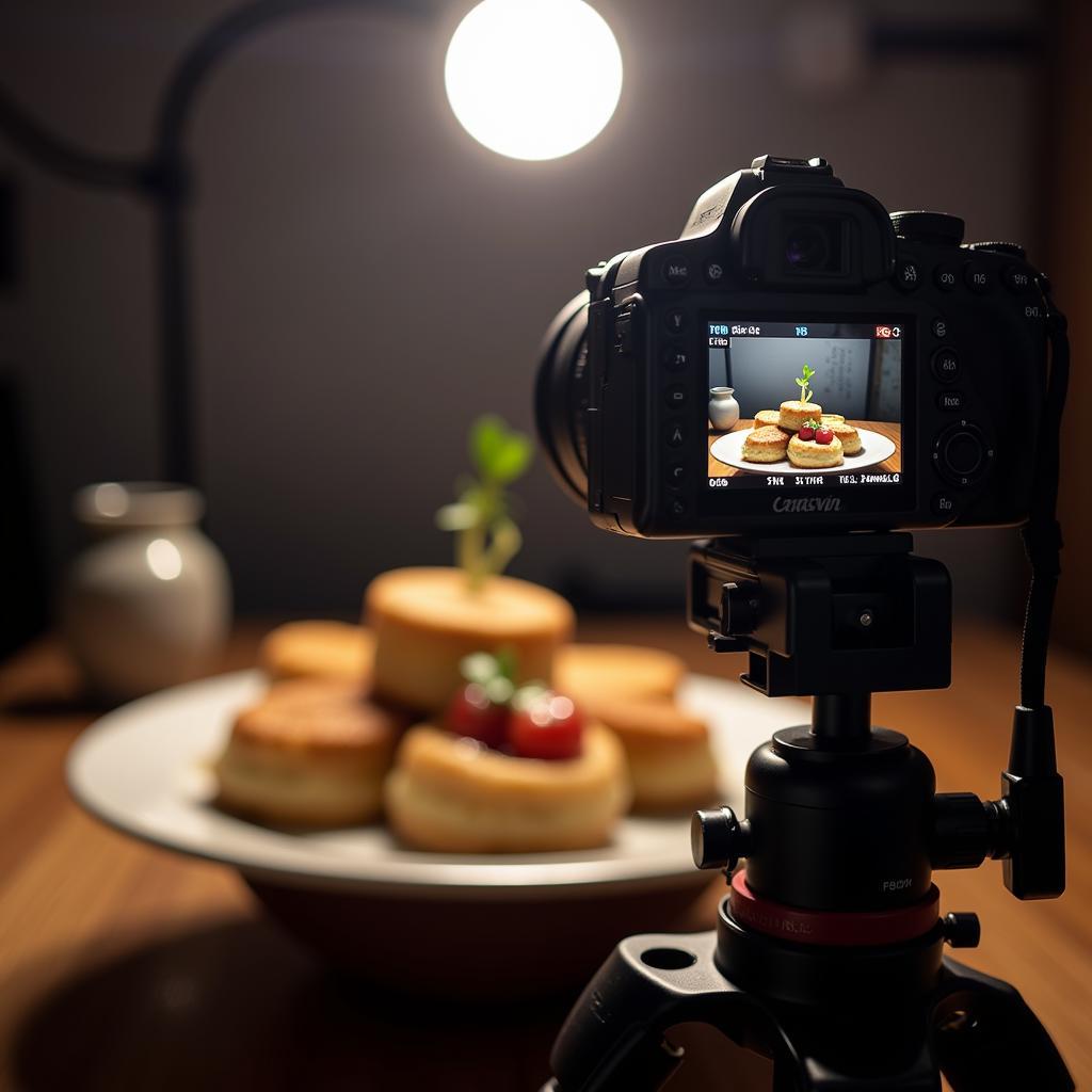 A food blogger uses a professional camera setup with a tripod and lighting to capture a stunning photo of their latest culinary creation.