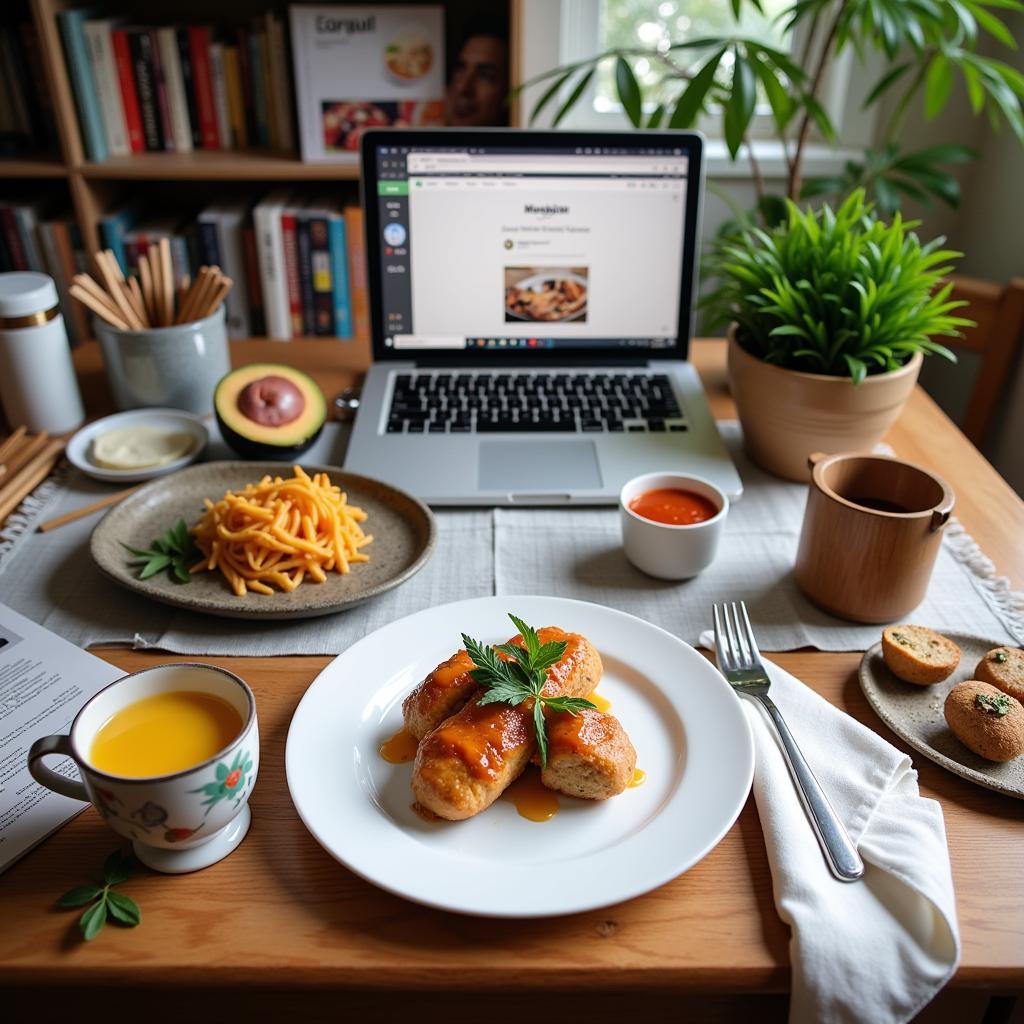 A food blogger sits at their desk, working on their latest post while surrounded by cookbooks, delicious food, and photography equipment. 