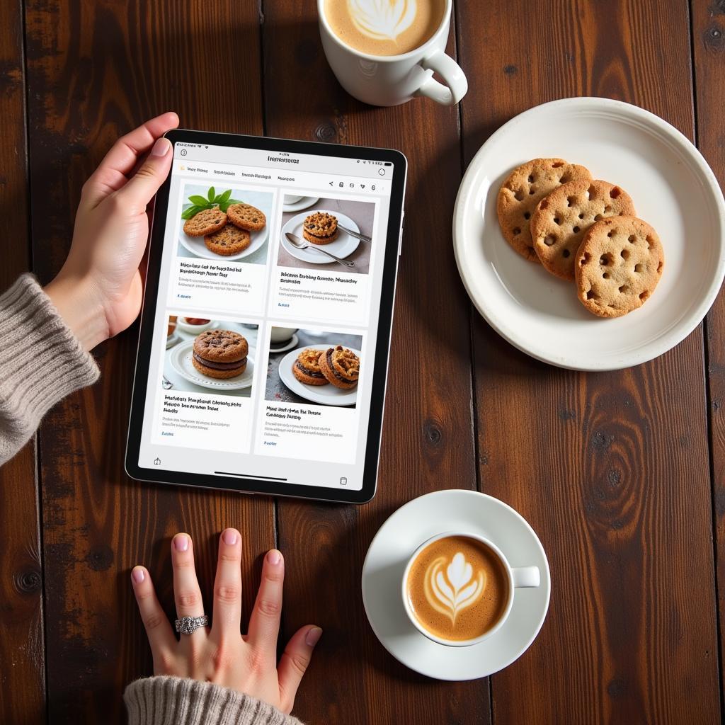 A person reading food articles on a tablet with a steaming cup of coffee beside it