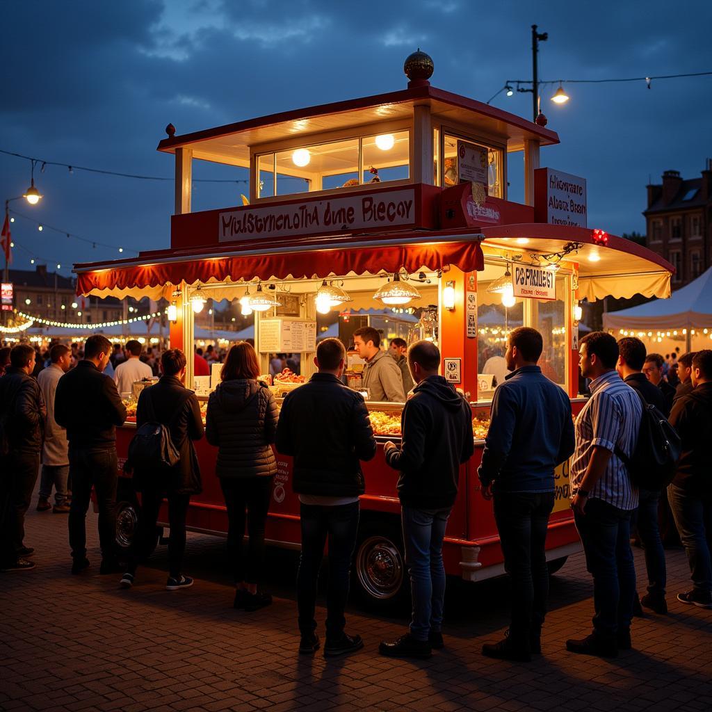 A food boat bustling with customers at a waterfront festival.