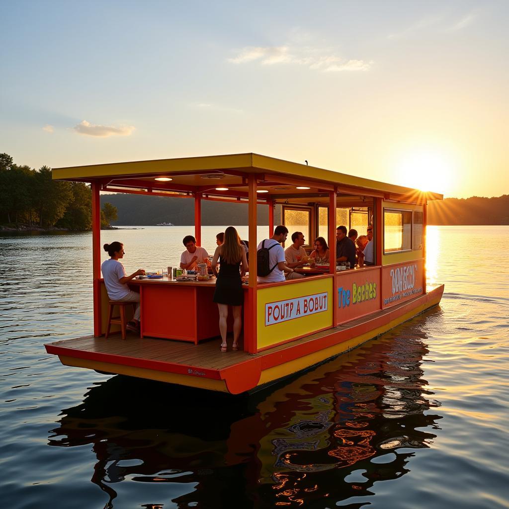 A vibrant food boat serving customers on a tranquil lake.