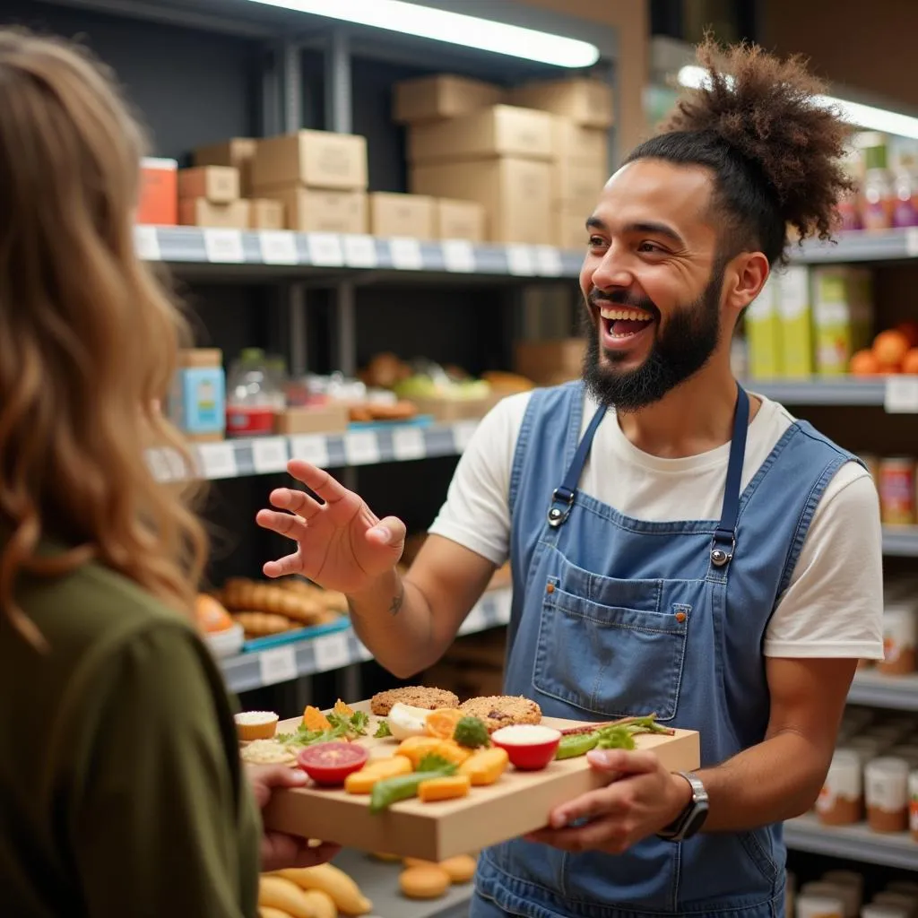 Food broker presenting product samples to a buyer