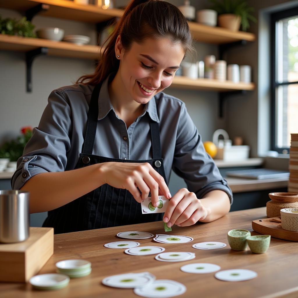 Food Business Owner Applying Stickers