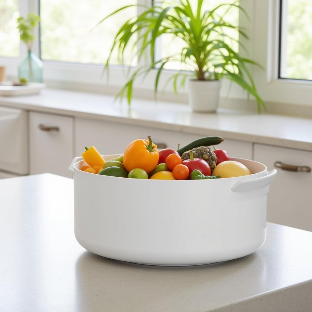 A sleek food caddy sitting on a kitchen counter.