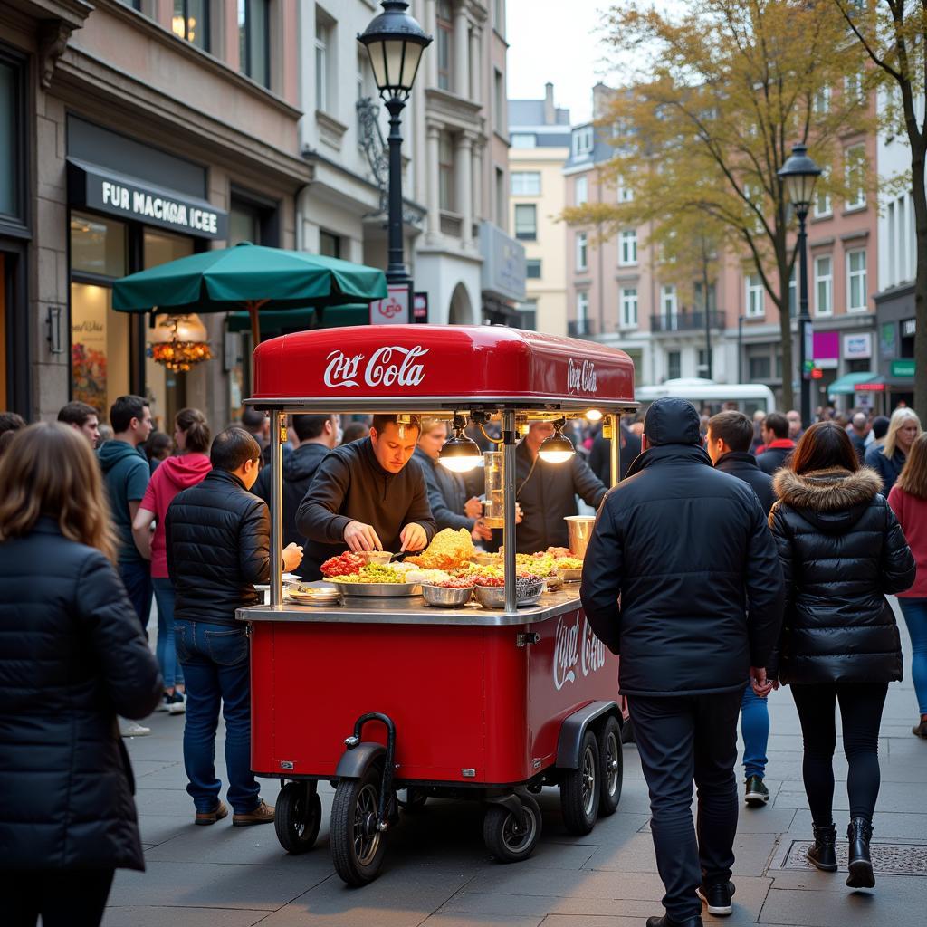 Food cart serving customers on a busy city street