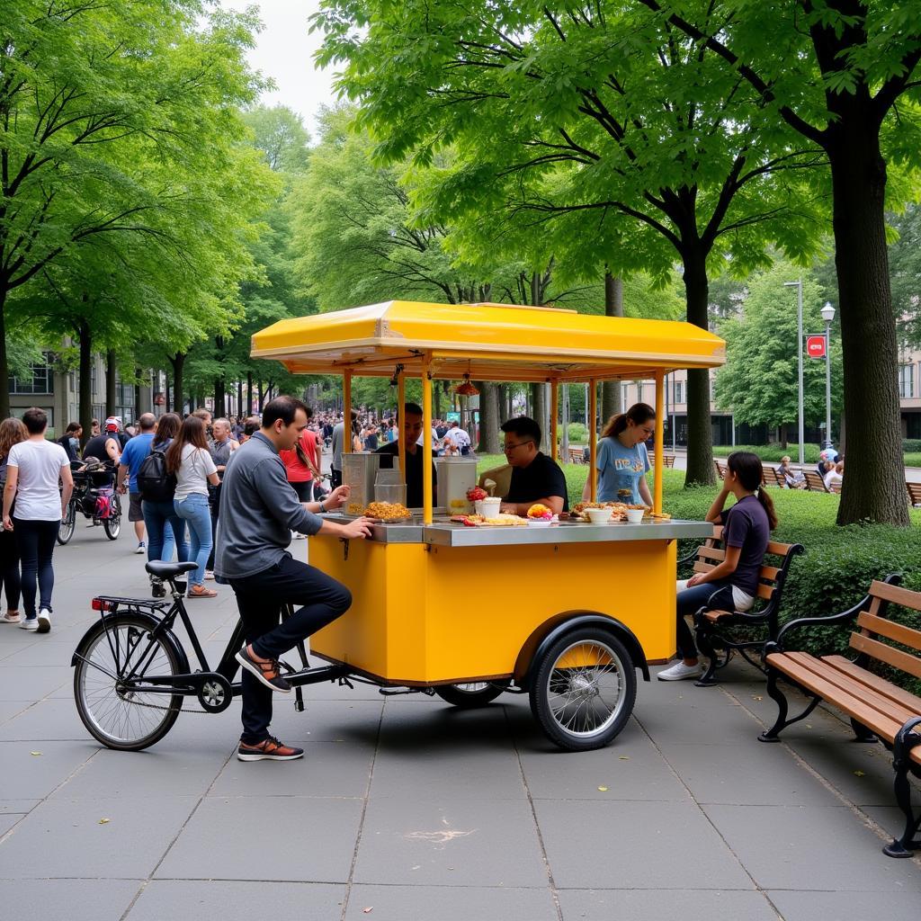 Food cart with bike parked in a vibrant city park