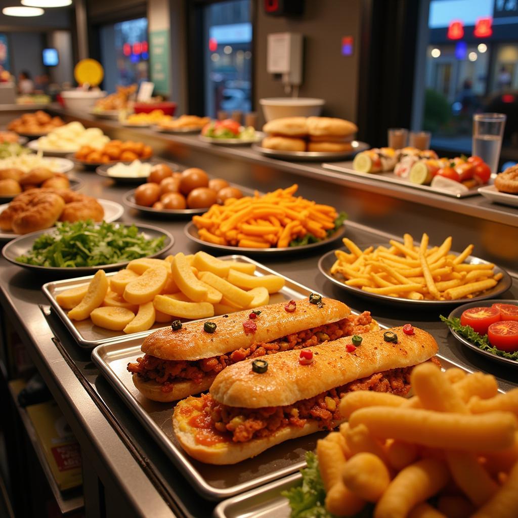 A bustling food city deli hot food counter, showcasing a diverse selection of freshly prepared dishes.