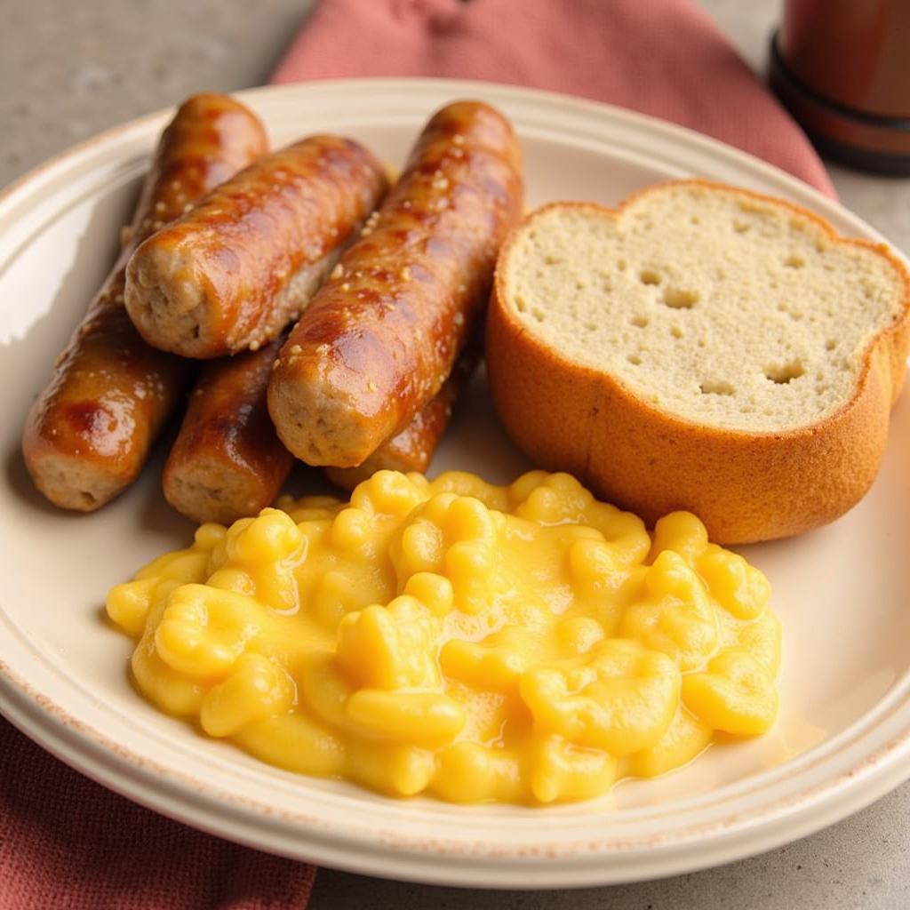 A close-up of Food City's savory sausage links alongside a generous serving of creamy, cheesy grits.