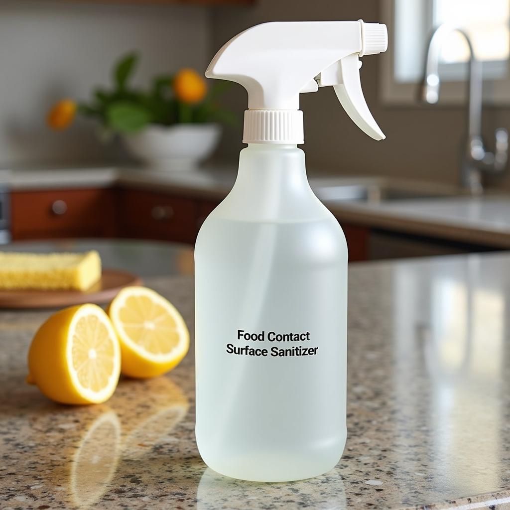 Spray bottle of food contact surface sanitizer on a kitchen counter