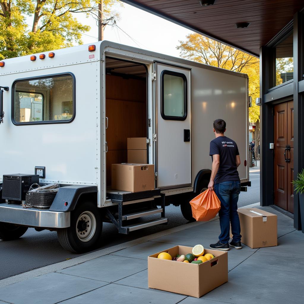  A branded delivery truck from one of the top food distribution companies making a delivery to a restaurant